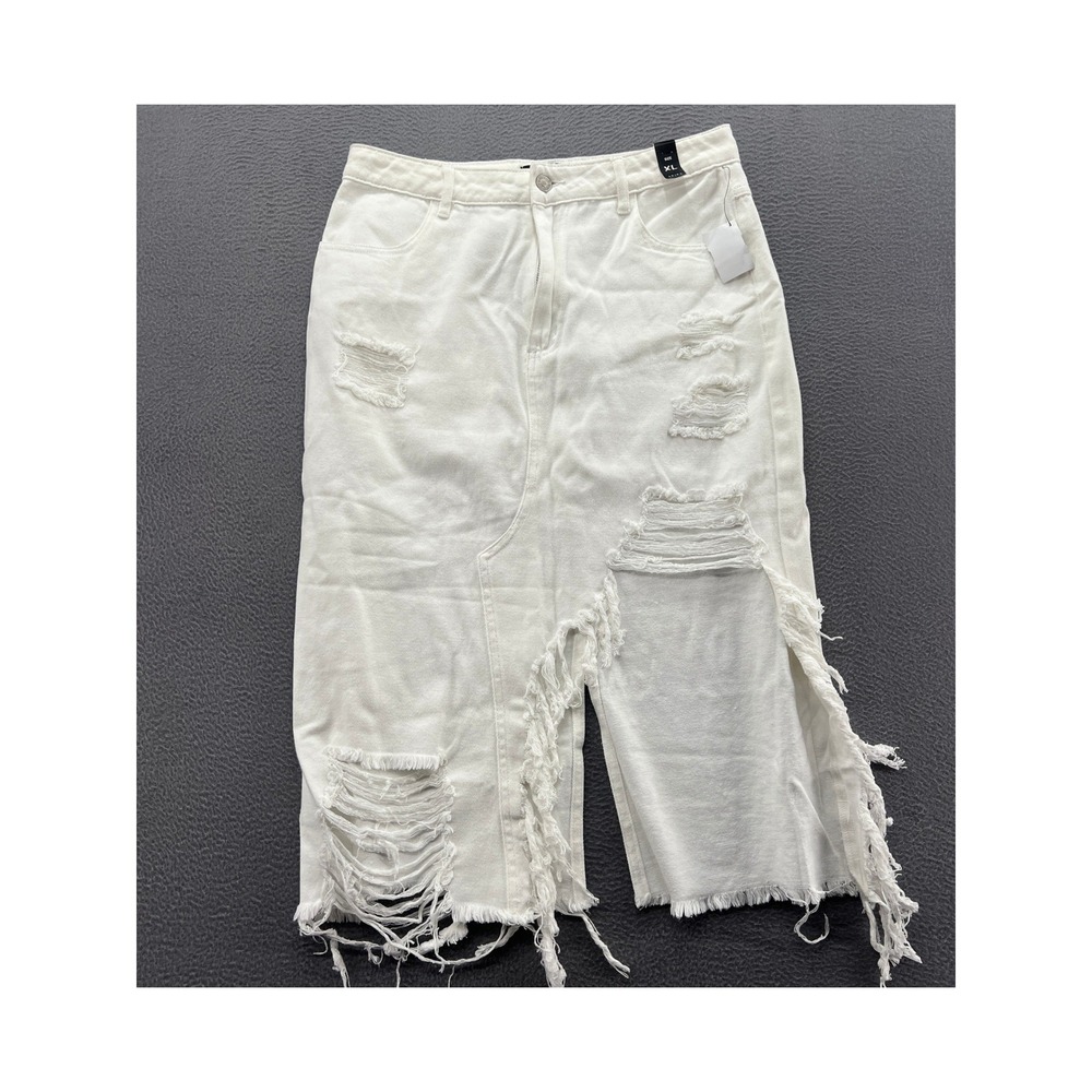 Akira Skirt XL White Distressed Summertime Denim Midi Side Slit Ripped Hem NEW